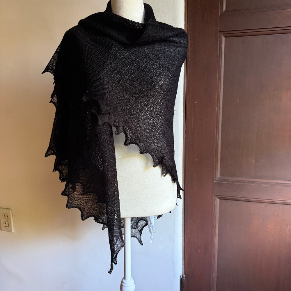 Black Open Knit Orenburg Shawl Goth Scalloped Square Scarf Wrap